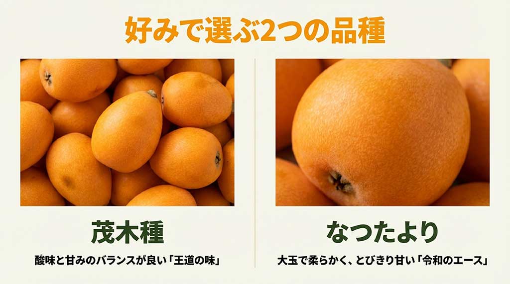 びわの王道「茂木種」と令和のエース「なつたより」の特徴比較