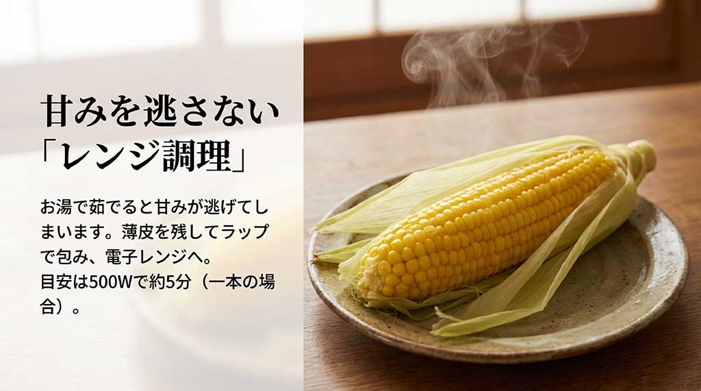 茹でるよりも甘みが逃げない、電子レンジ（500Wで約5分）を使った美味しいトウモロコシの加熱方法