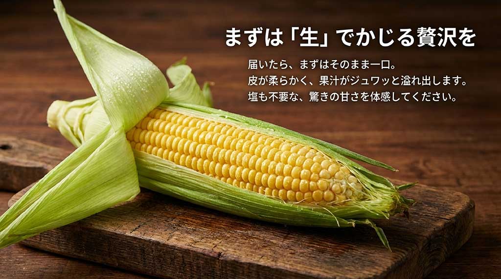 皮が柔らかく果汁が溢れる菜の花こーんを、届いてすぐに生で味わうおすすめの食べ方