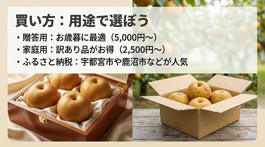 贈答用(5,000円〜)、家庭用(2,500円〜)、ふるさと納税といった、用途別の予算と選び方のまとめ