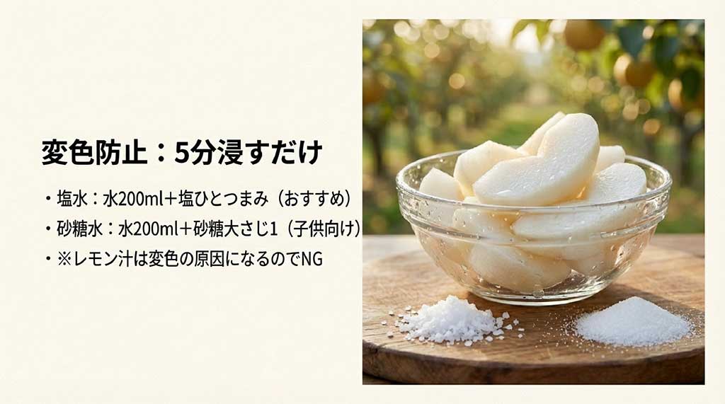 塩水または砂糖水に5分浸す変色防止法。レモン汁がNGであることの注意書きを含む解説