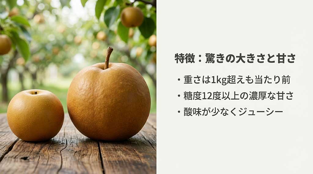 普通の梨と比較して圧倒的に大きい「にっこり」の画像。重さ1kg超え、糖度12度以上、酸味が少なくジューシーといった特徴の解説