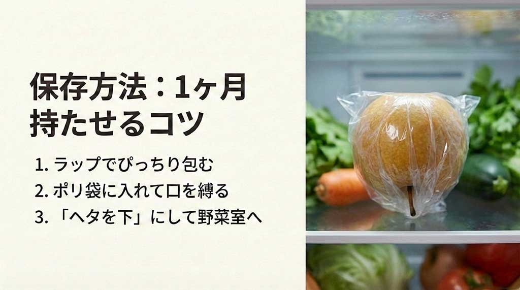 ラップで包み、ポリ袋に入れ、ヘタを下にして野菜室で保存する3つのステップ図解
