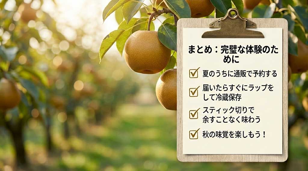 夏に予約、届いたら冷蔵保存、スティック切りで楽しむといった、にっこり梨を満喫するためのポイントまとめ