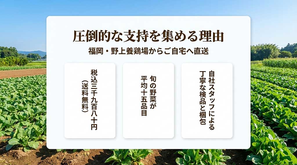福岡・野上養鶏場からの直送、丁寧な検品、平均15品目、税込3,980円(送料無料)という特徴をまとめたスライド
