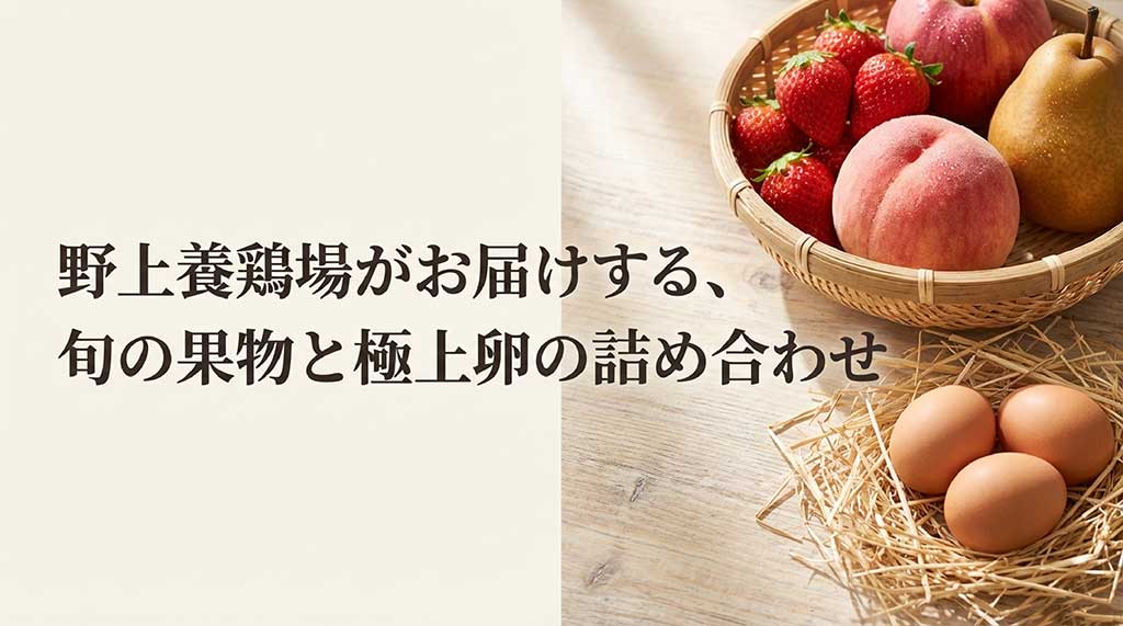 野上養鶏場がお届けする、旬の果物と極上卵の詰め合わせセットの紹介スライド