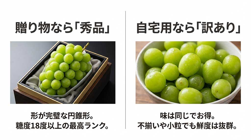 岡山県産シャインマスカットの最高級ブランド「晴王」の糖度18度以上、粒の大きさ、美しさなどの品質基準を解説した図解