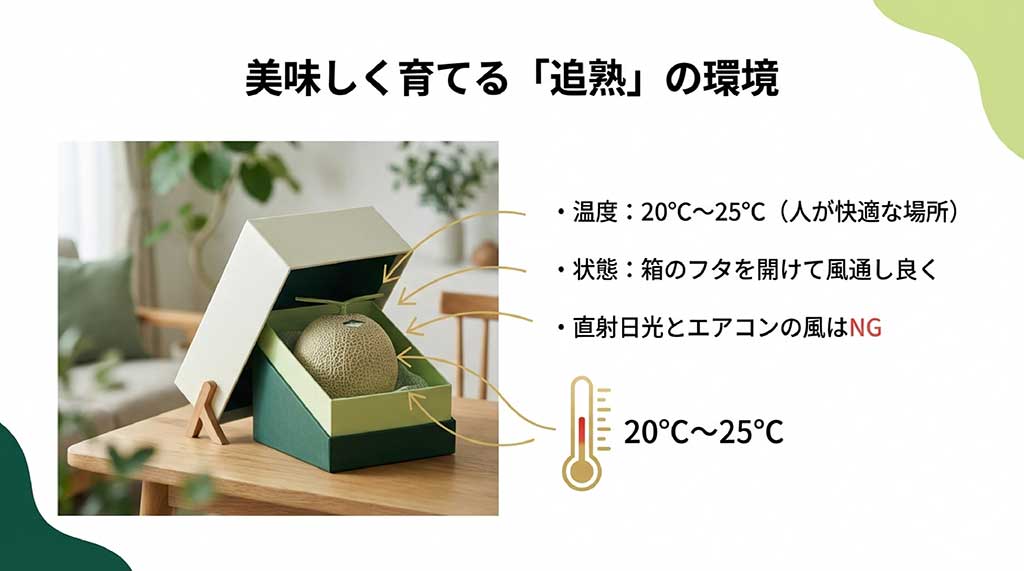 温度20度から25度の風通しの良い場所で、箱を開けてメロンを追熟させる理想的な環境の説明