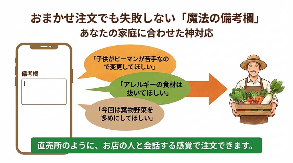 苦手な野菜の変更やアレルギー対応、葉物多めなどの要望を備考欄で相談できる「魔法の備考欄」について説明するスライド