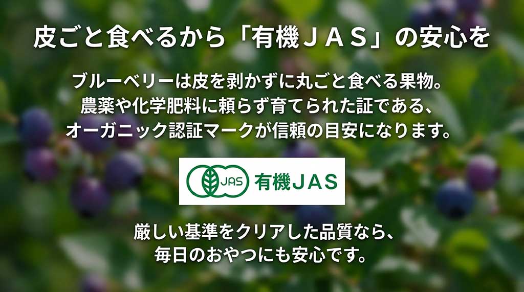 丸ごと食べるブルーベリーにおいて、農薬や化学肥料に頼らない証である有機JASマーク  の重要性を説明