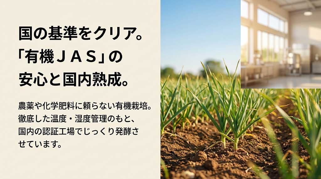 農薬や化学肥料に頼らない有機栽培と、国内認証工場での徹底した管理を説明するスライド