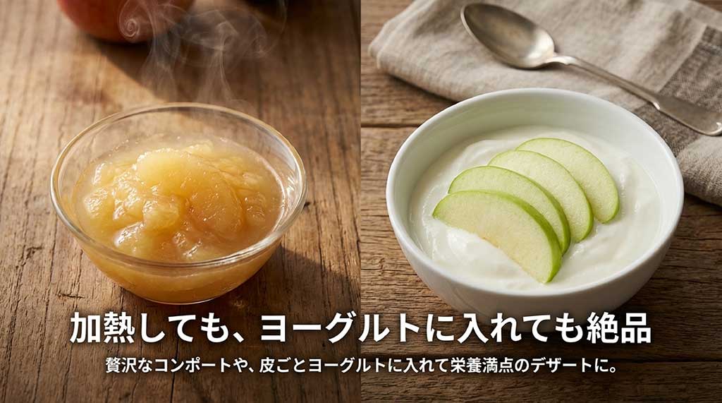 王林をコンポートにしたりヨーグルトに入れたりして楽しむレシピを紹介するスライド