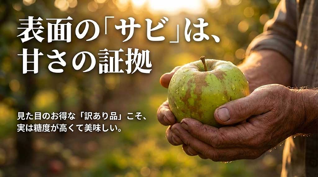 表面のサビは甘さの証拠であり、訳あり品こそ糖度が高くて美味しいことを伝えるスライド