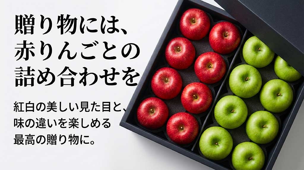 王林と赤りんごを詰め合わせることで紅白の美しい見た目と味の違いを楽しめる贈り物になることを紹介するスライド