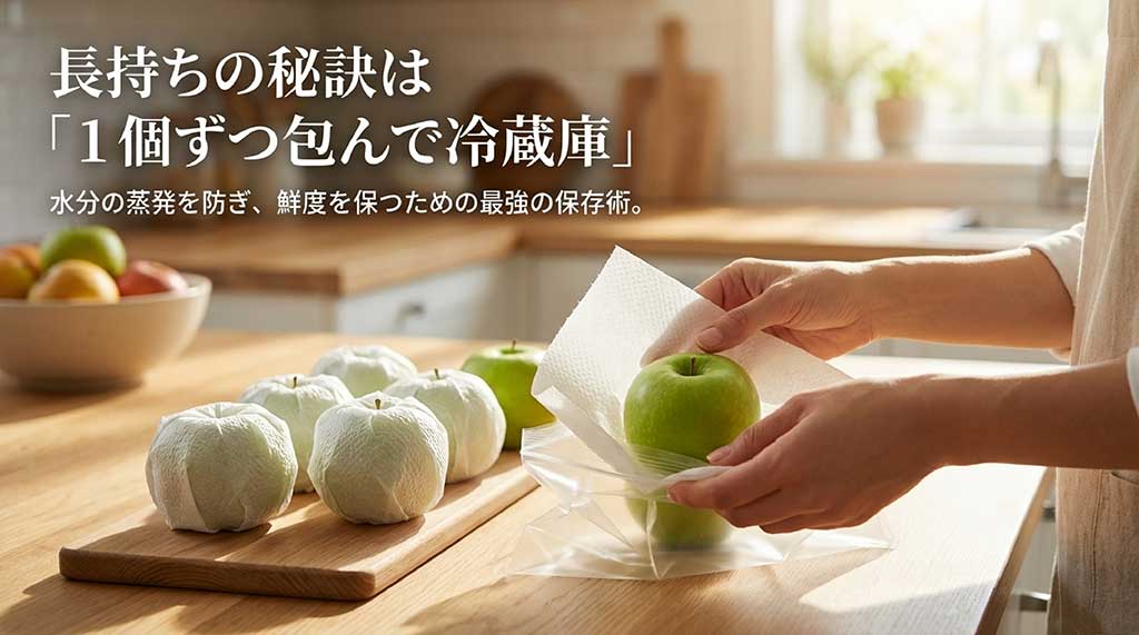 りんごを1個ずつ包んで冷蔵庫で保存することで水分の蒸発を防ぎ鮮度を保つ方法を解説するスライド