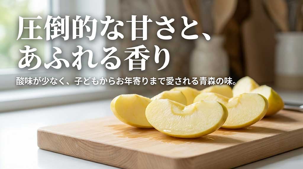 王林は酸味が少なく、圧倒的な甘さとあふれる香りが特徴で子供からお年寄りまで愛される味であることを説明するスライド