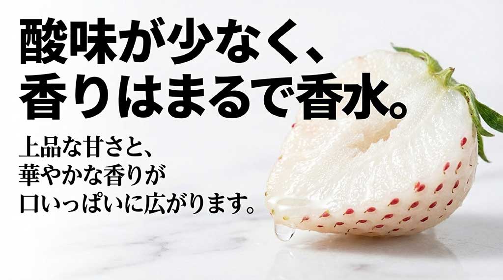酸味が少なく、香水のような華やかな香りと上品な甘さが口に広がる白いちご