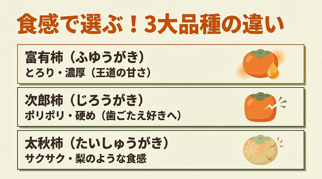 富有柿、次郎柿、太秋柿の食感の違い(とろり、ポリポリ、サクサク)を比較したイラスト図解