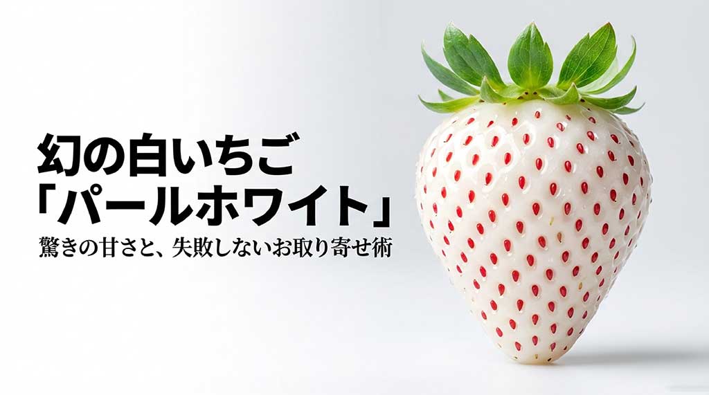 幻の白いちご「パールホワイト」の紹介と、失敗しないお取り寄せ術を解説するガイドの表紙
