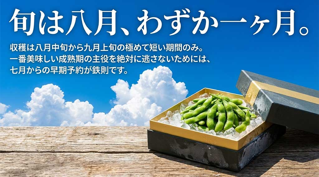 収穫は8月中旬から9月上旬のわずか1ヶ月。7月からの早期予約が鉄則であることを示すスライド