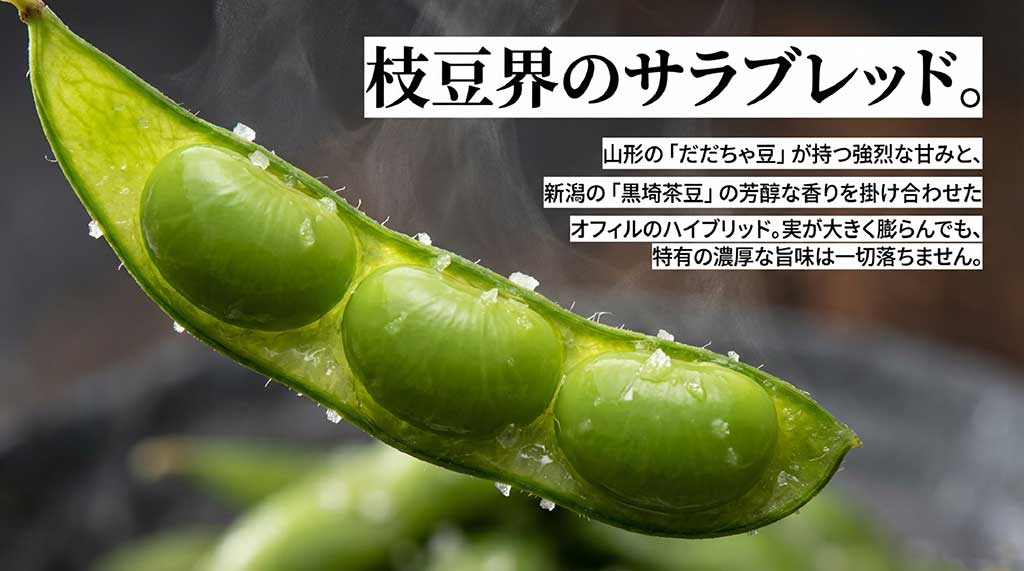 山形の「だだちゃ豆」の甘みと新潟の「黒埼茶豆」の香りを掛け合わせたハイブリッド品種の説明