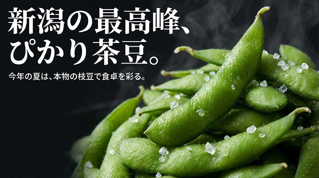 新潟の最高峰、ぴかり茶豆。今年の夏は本物の枝豆で食卓を彩るという紹介スライド