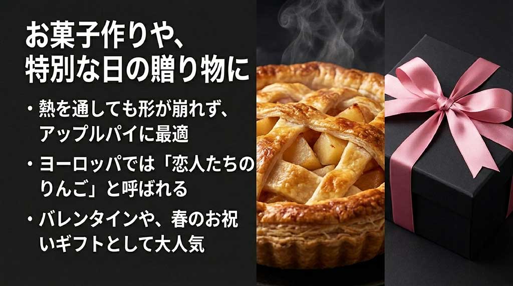 アップルパイに最適で、ヨーロッパでは「恋人たちのりんご」と呼ばれるギフト人気の解説スライド