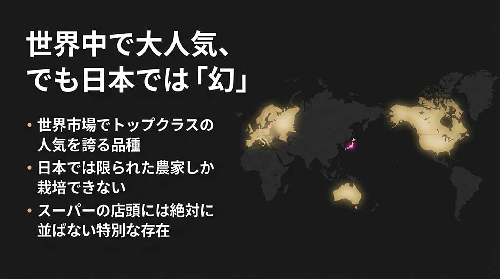 世界市場でトップクラスの人気を誇るが、日本ではスーパーに並ばない特別な存在であることを説明するスライド