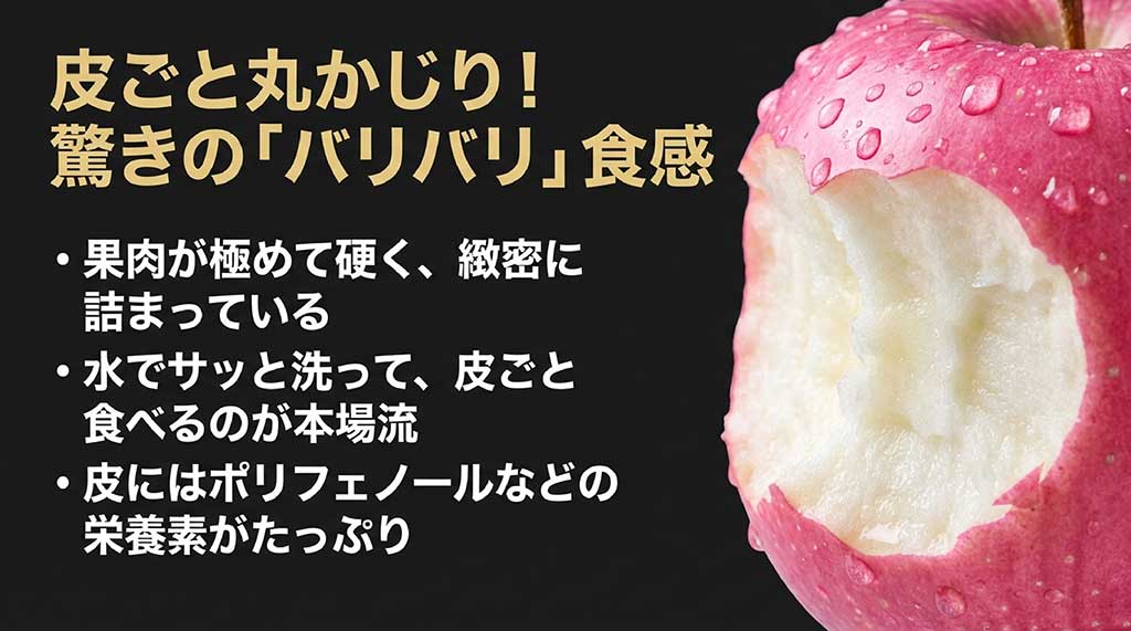果肉が緻密で硬く、バリバリとした食感が楽しめる皮ごと食べるスタイルの解説スライド
