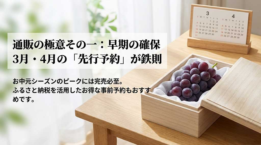 3月・4月の先行予約が重要であることを示すカレンダーと、ふるさと納税活用のすすめ