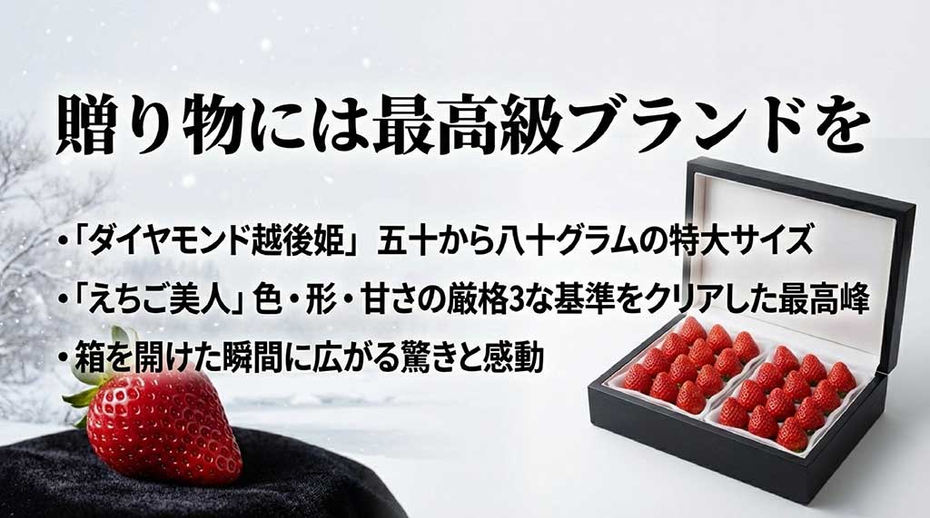 50〜80gの特大サイズ「ダイヤモンド越後姫」と、厳しい基準をクリアした最高峰「えちご美人」の紹介