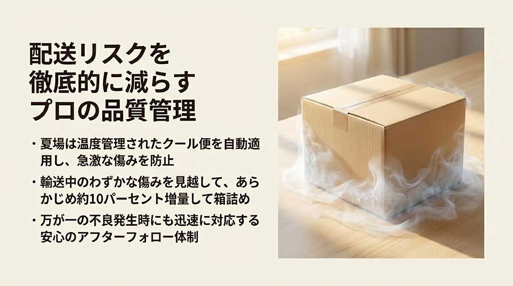 夏場のクール便適用、輸送中の傷みに備えた10%増量、アフターフォロー体制を解説した段ボール箱のイメージ画像