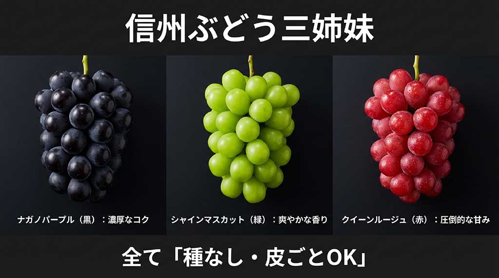 長野県が誇る種なし・皮ごとOKな「信州ぶどう三姉妹」の比較