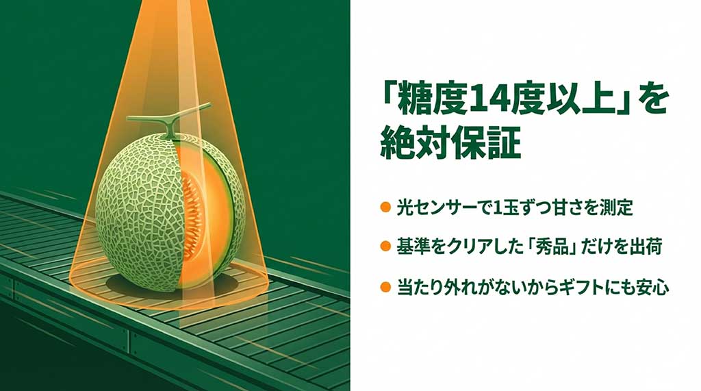 ベルトコンベア上のメロンに光センサーを照射し、1玉ずつ糖度を測定して秀品を厳選するイメージ
