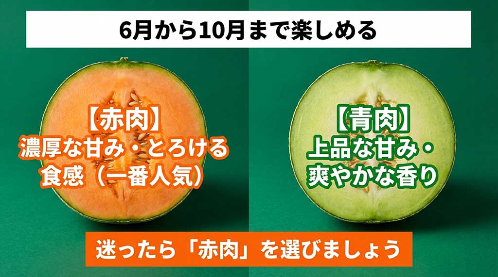 濃厚な甘みの赤肉メロンと爽やかな香りの青肉メロンの特徴と出荷時期の比較