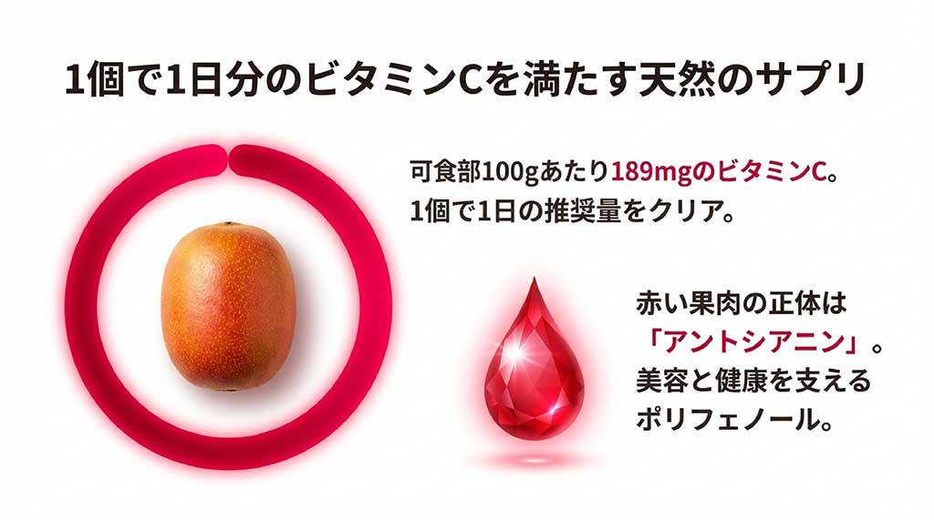 100gあたり189mgのビタミンC含有量と、赤い果肉の正体であるポリフェノール「アントシアニン」の解説図