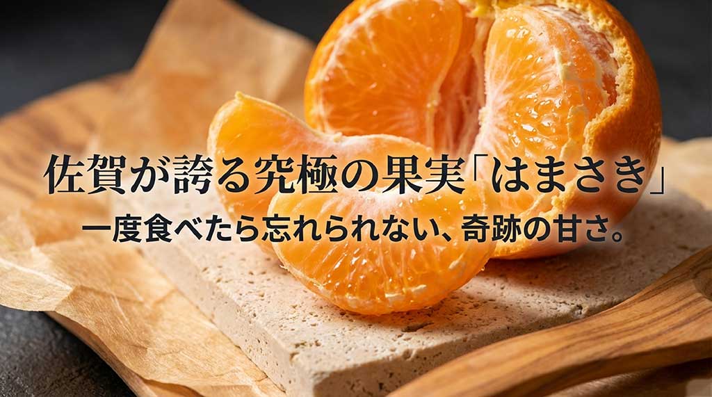 佐賀県が誇る究極の果実「はまさき」のキャッチコピー画像。一度食べたら忘れられない奇跡の甘さを紹介
