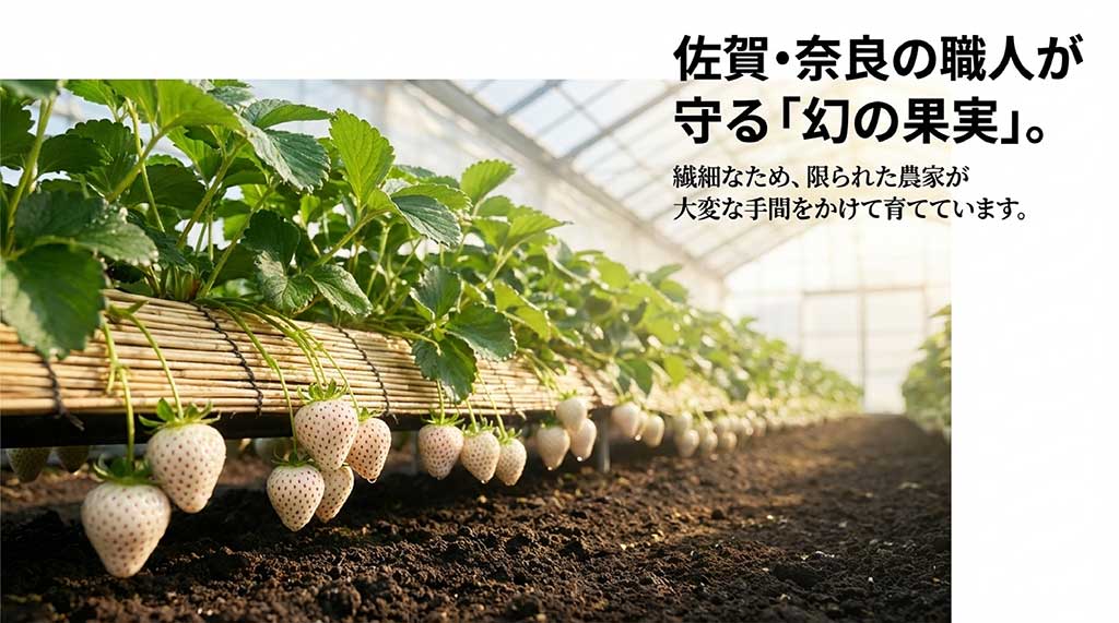 佐賀県や奈良県の限られた農家が手間暇かけて育てる繊細な白いちごの栽培風景
