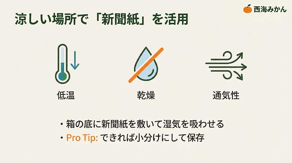 低温、乾燥、通気性を保つアイコン。箱の底に新聞紙を敷いて湿気を吸わせる保存のプロ技