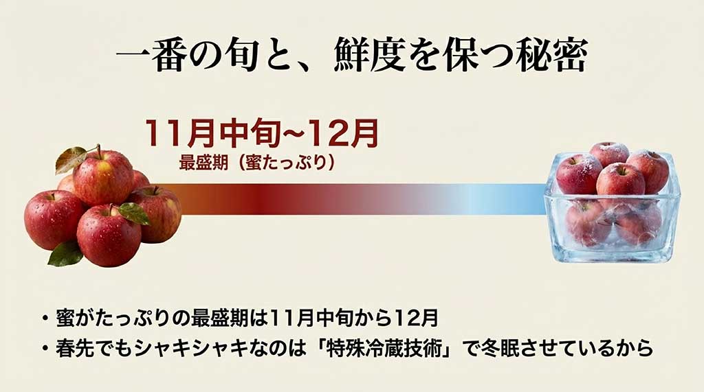 11月中旬から12月の最盛期と、春先までシャキシャキ感を保つ特殊冷蔵技術（冬眠状態）についての解説