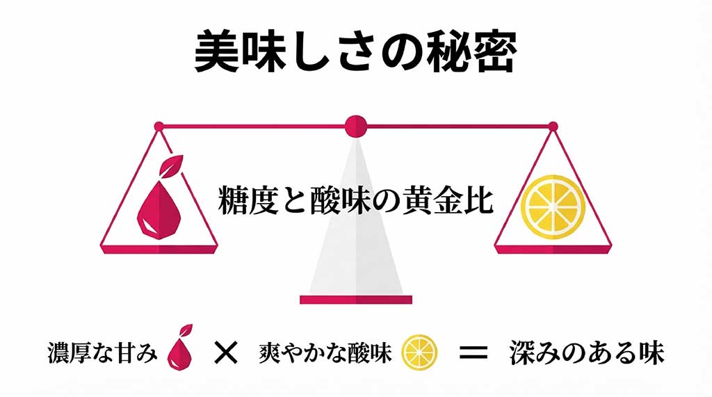 濃厚な甘みと爽やかな酸味が合わさった佐藤錦の味のバランス図解