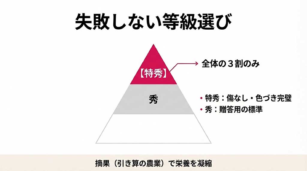 全体の3割のみとされる特秀品と贈答用標準の秀品の違い、摘果作業の解説