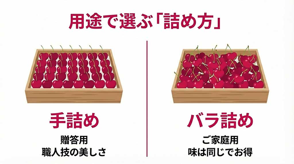 贈答用の美しい手詰めと、家庭用でお得なバラ詰めの見た目比較