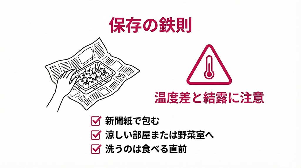 新聞紙で包み温度差に注意して涼しい部屋か野菜室で保管する正しい方法