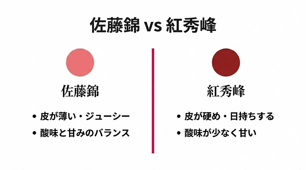 佐藤錦と紅秀峰の皮の厚さ、甘み、酸味、日持ちの違いを比較した図