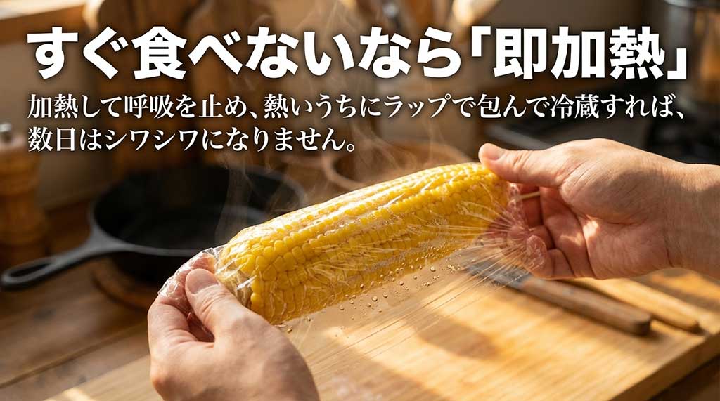 到着後すぐに加熱して呼吸を止め、熱いうちにラップで包んで冷蔵保存する方法