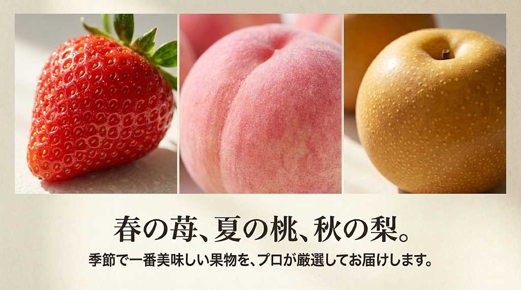 春の苺、夏の桃、秋の梨など、プロが厳選した季節一番の果物スライド