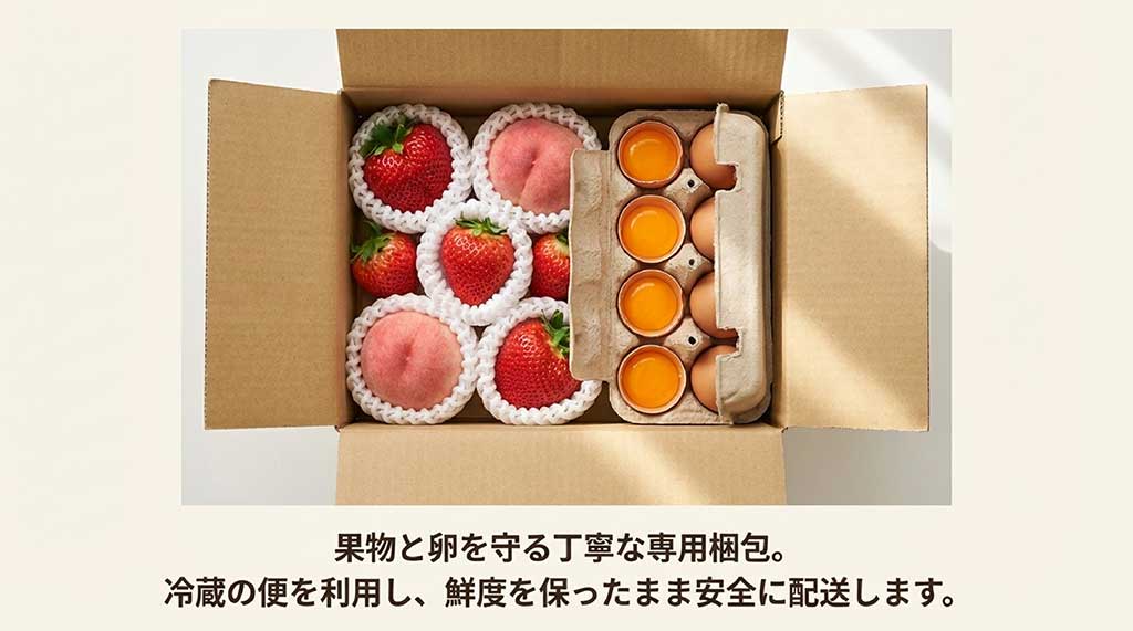 果物と卵を鮮度を保ったまま安全に届けるための丁寧な専用梱包の様子