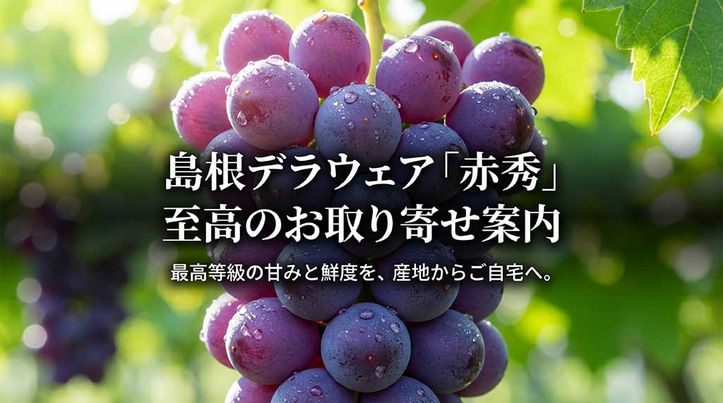 島根県産デラウェアの最高等級「赤秀」のお取り寄せ案内スライド。産地直送の甘みと鮮度を強調