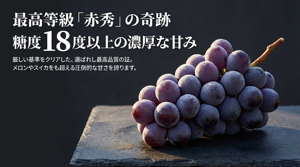糖度18度以上の濃厚な甘みを誇る最高品質「赤秀」の基準を示すスライド